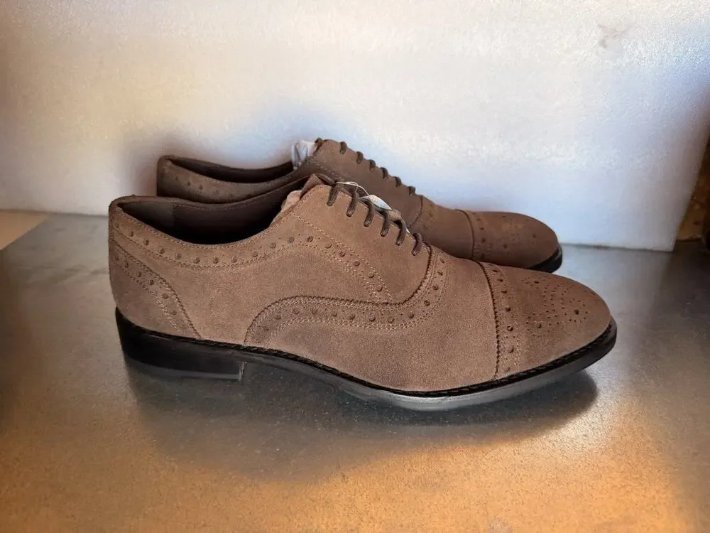 Anthony Veer Ford Quarter Brogue Suede Oxford Shoes Mens 10.5 D Honey Brown NIB